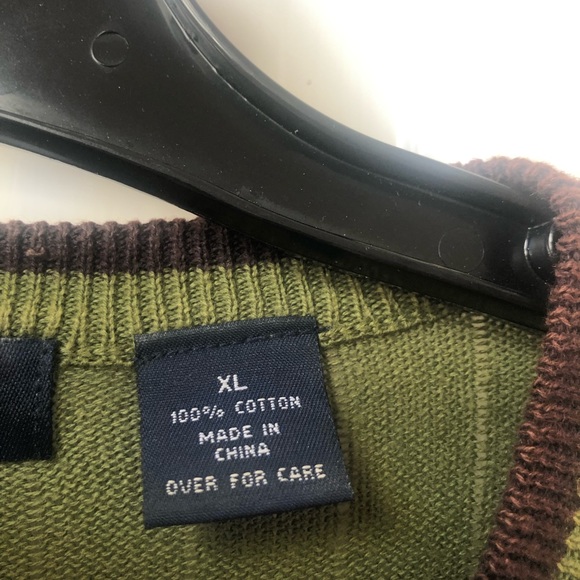 Cotton V NECK SWEATER OLIVE W/BROWN TRIM ON COLLAR SZ-XL GOOD CONDITION 💚🤎 - Picture 3 of 3